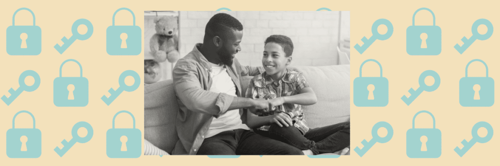 father and son smiling and fist bumping